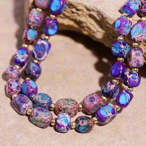 PURPLE MOHAVE TURQUOISE STONE CUBIC BEADS GOLDEN SPACERS 17 1/2" L. NECKLACE 64